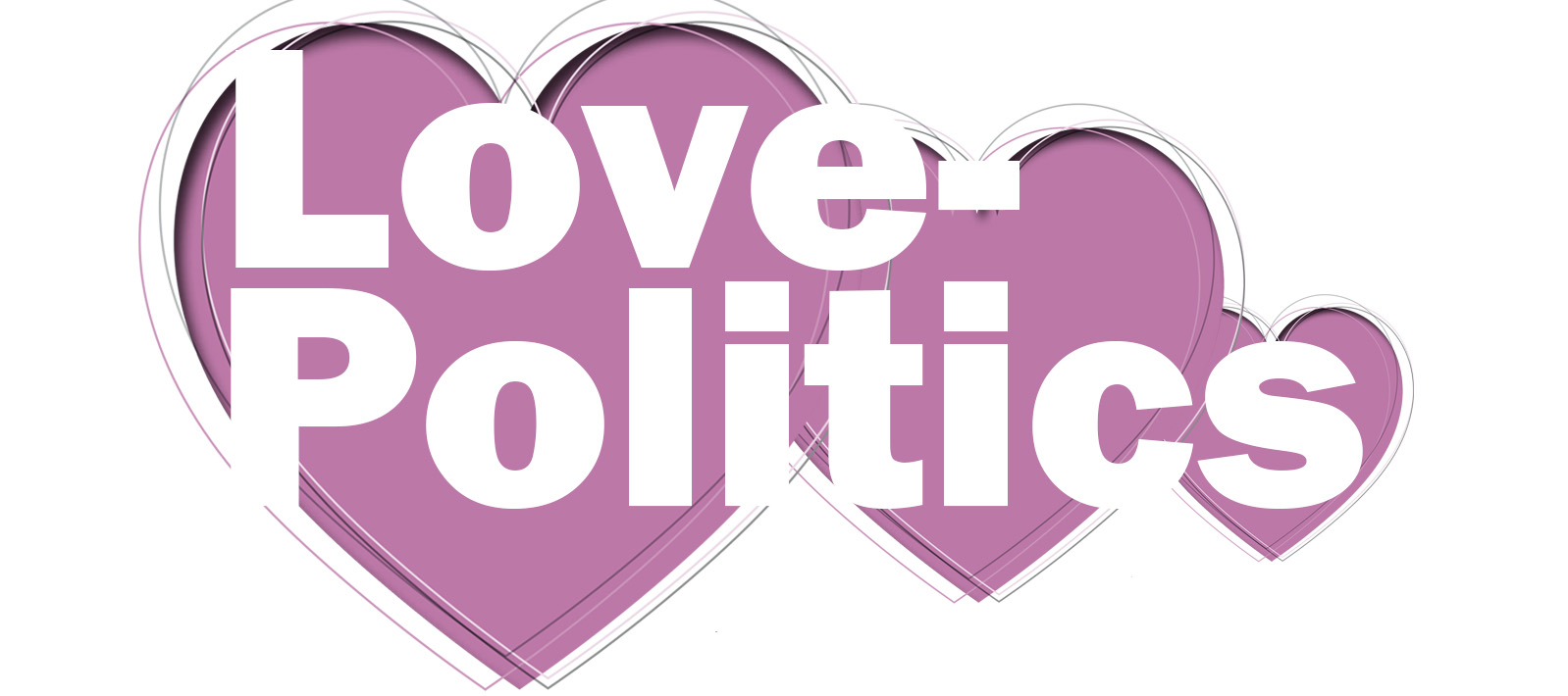 The words "love-politics" over three contiguous illustrated hearts.