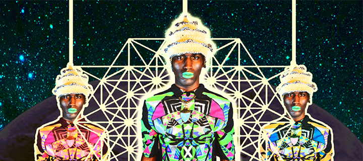 Illustration/painting of three identical black men in brightly colored tight-fitting bodysuits connected by webs of light, against a starry night sky.
