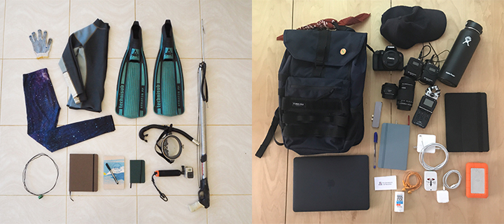 Two photos of the contents of anthropologists fieldbags are side-by-side. The one on the left shows a speargun, scuba slippers, notebooks, and diving pants. On the right, the photo shows a backpack, recording equipment, several notebooks, and an ipad and a laptop.