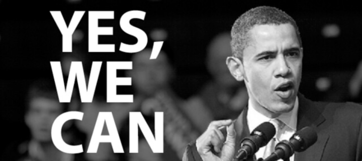 Black and white photograph of Barack Obama with the words of his campaign slogan "Yes, we can"