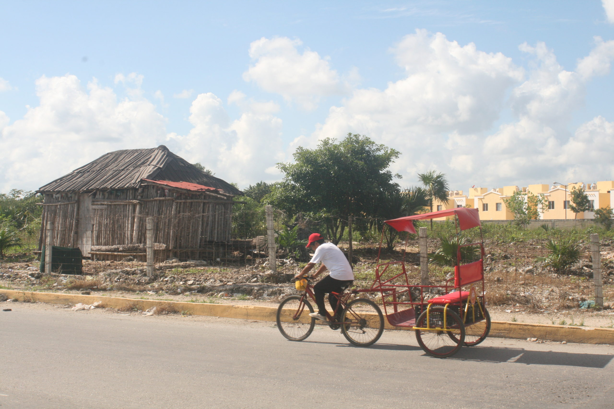 Photograph of a person riding a bicycle down a street