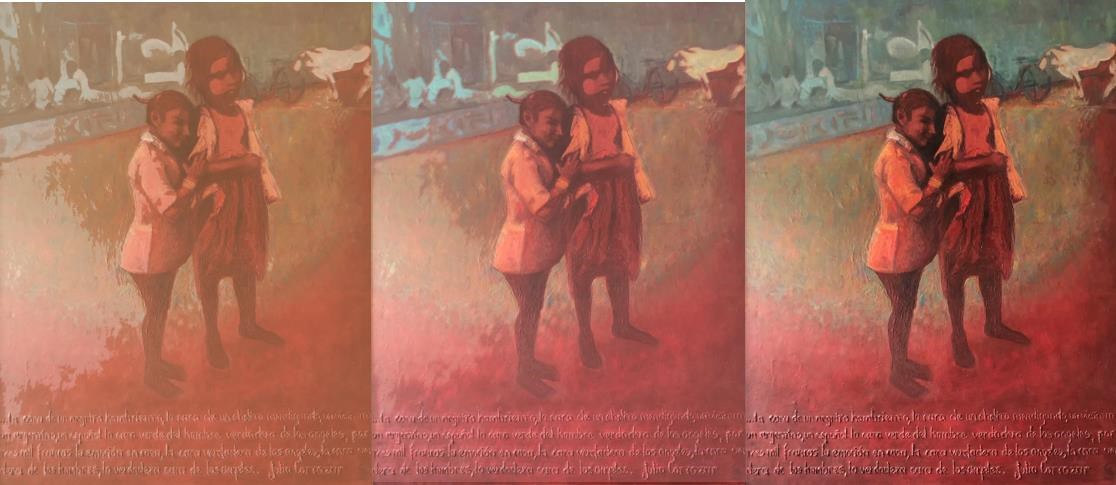 A series of three different iterations of the same painting, these in multiple colors.