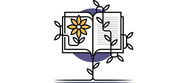Simplified illustration of a book with vines growing around it.