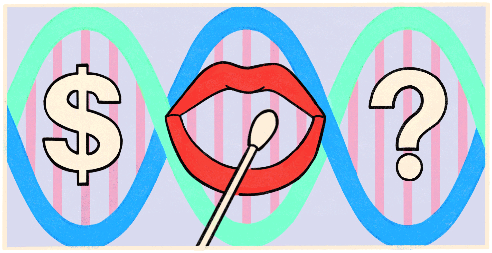 Drawing of a stylized DNA helix overlaid with other symbols: a dollar sign, question mark, and lips being swabbed for DNA