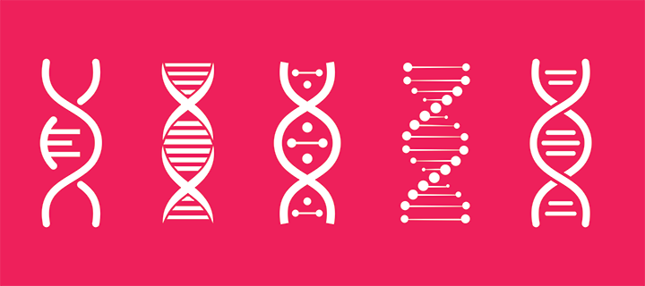 A collection of six white stylized double helixes against a red-pink background.
