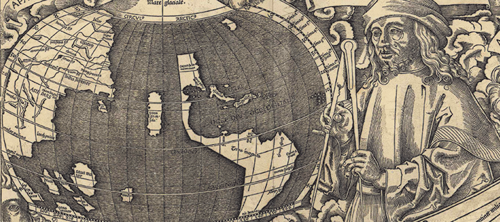 Map detail including a drawing of a man and a large portion of the globe