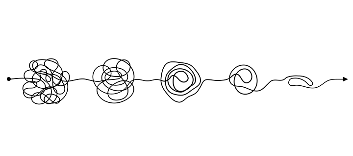 Illustration of a line that begins in a tangled knot and slowly becomes less tangled the farther it proceeds in one direction