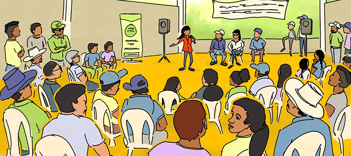 Illustration of people at an indoor gathering