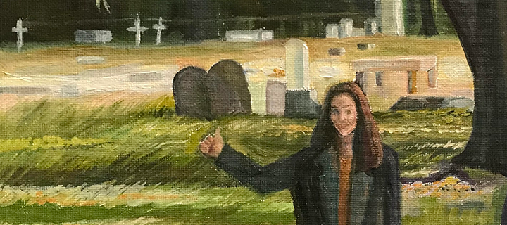 Illustration of a woman standing in front of a cemetery